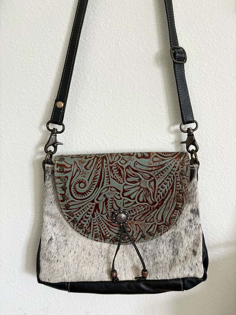 Myra Western Cowhide Leather Crossbody Bag Turquoise Tooled Flap